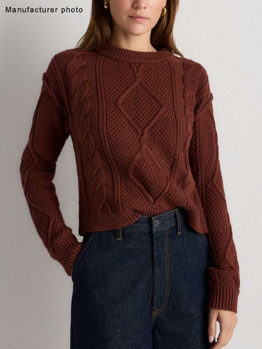 Quince 100% Organic Cotton Cropped Cable Crew Sweater in Medium Redwood Brown - Picture 11 of 11
